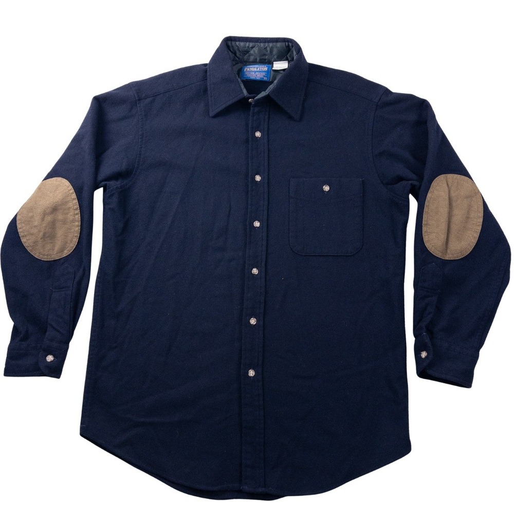 Pendleton Trail Shirt Mens M Navy Blue Wool Button Down Elbow Patches Vintage